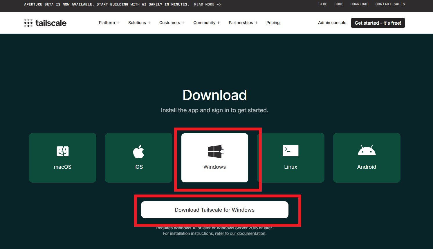 Tailscale公式ダウンロードページ（Download Tailscale for Windowsボタン）