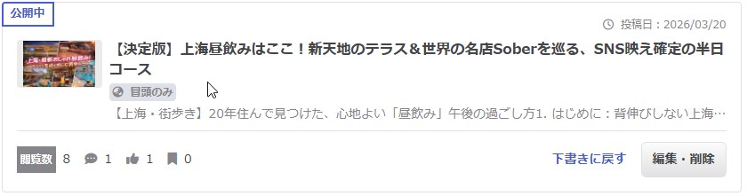 上海昼飲み記事（閲覧数8・いいね1）のスクリーンショット