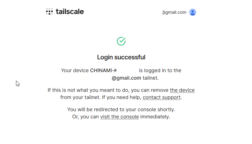 TailscaleのLogin successful完了画面でデバイスがtailnetにログインしたメッセージ