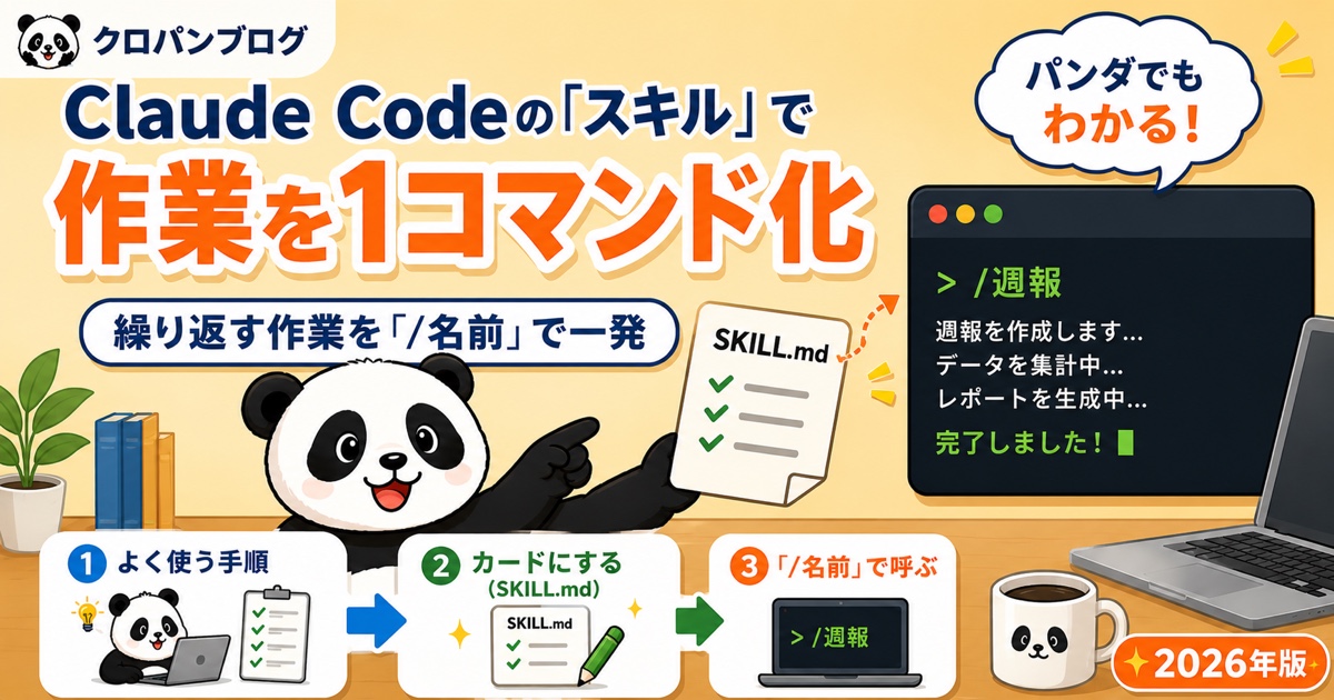 Claude Codeのスキルで繰り返す作業をコマンド1つにするアイキャッチ