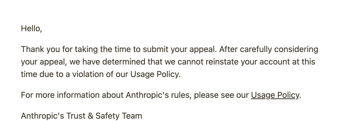 Anthropicからのアピール却下メール（本文）